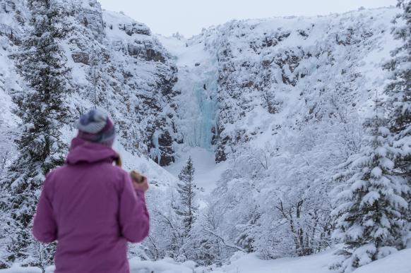 Schwedens höchster Wasserfall, der Njupeskär, im tiefen Winter