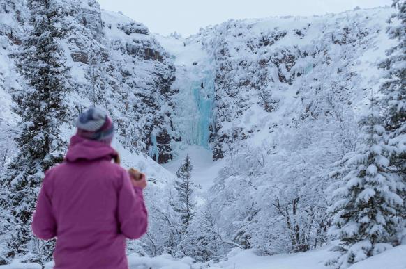 Wasserfall im Winter mit Betrachterin im Vordergrund