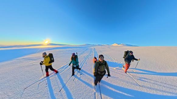4 Back Country Läufer im Sonnenschein auf dem Fjäll unterwegs