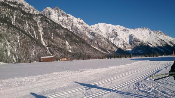 gespurte Loipen vor Berglandschaft