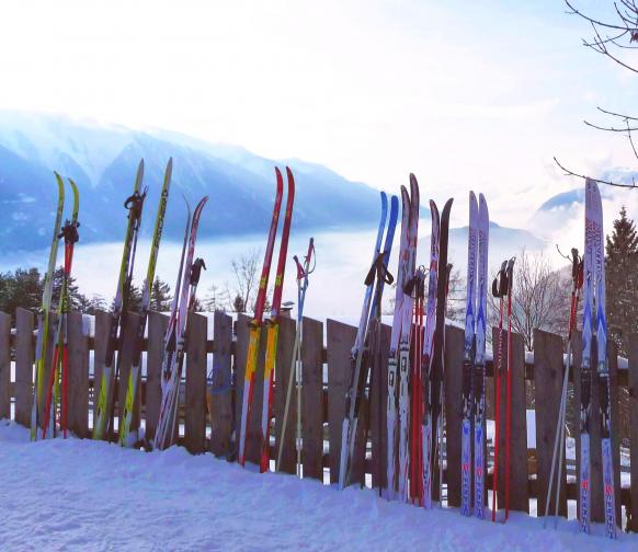Langlaufskier sind an Zaun gelehnt, im Hintergrund wolkenreiche Winterlandschaft